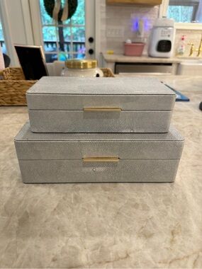 Gray Faux Shagreen Storage Box Set with Gold Accent